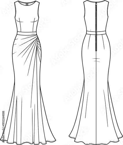 Fashion flat sketch, formal gown design, sleeveless dress illustration, high neckline detail, draped pleated skirt, garment CAD drawing vector