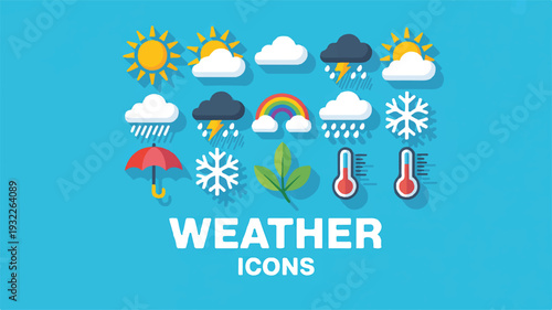 Modern Flat Design Illustration of Weather Icons Featuring Various Meteorological Elements and Symbols