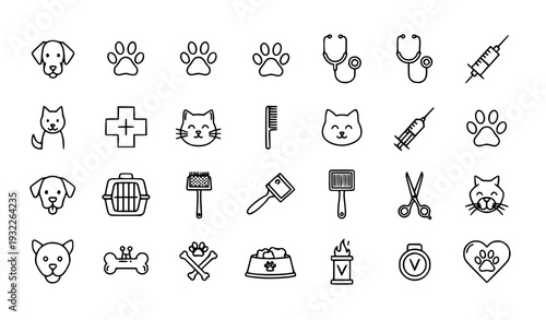 Veterinary and pet care line art icon collection isolated on white