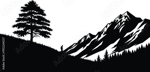 Black and white mountain landscape silhouette featuring a lone hiker walking on a grassy hill beside a large cedar tree and snowy peaks.