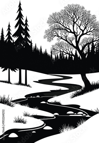 Black and white nature landscape silhouette featuring a winding river through a pine forest with a large deciduous tree and distant mountain woods.