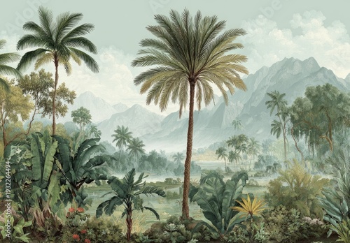 Beautiful painting of a tropical jungle with palm trees and mountains.