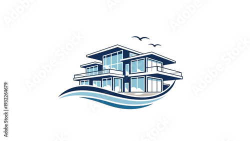 Modern Houseboat Design Illustration Concept.