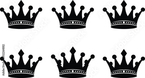Black Crown Icon Set Featuring Six Identical Royal King and Queen Silhouette Symbols for Luxury Branding Jewelry Logo Design Premium Quality and Excellence