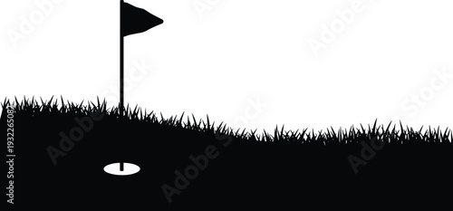 Black Golf Course Silhouette Featuring Putting Green Grass and Flag Stick in Hole Isolated on White Background for Sports Recreation Competition and Outdoor Activity
