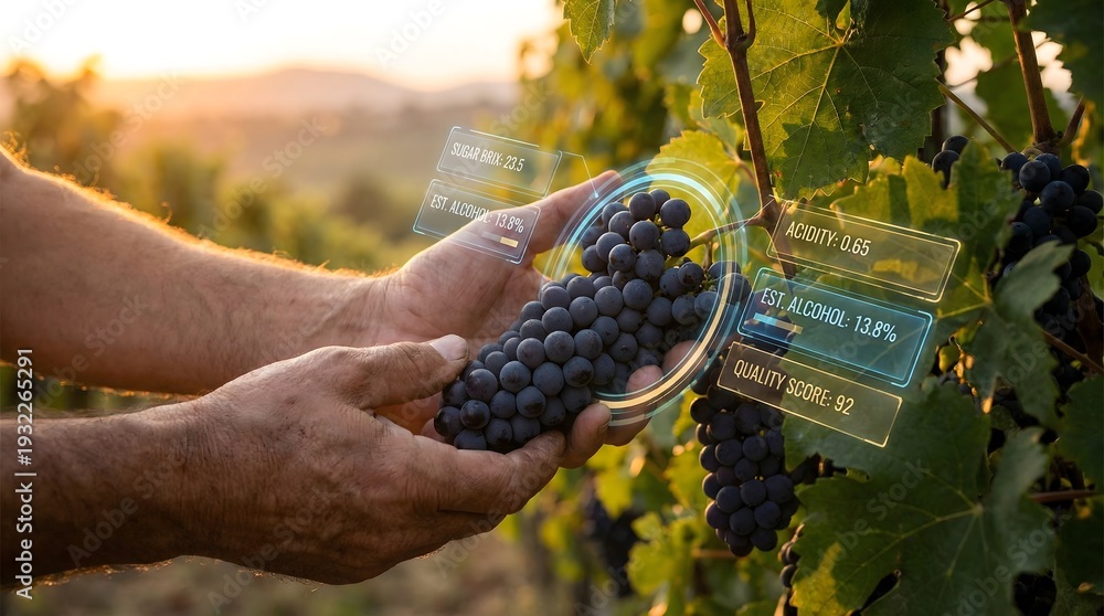 Obraz premium Farmer examining grapes with augmented reality data overlay showing viticulture insights and quality metrics on a vineyard
