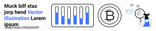 Bitcoin symbol next to data bars showing various levels, researcher examining growth chart. Ideal for cryptocurrency, blockchain, financial technology, data analytics, market research, economy