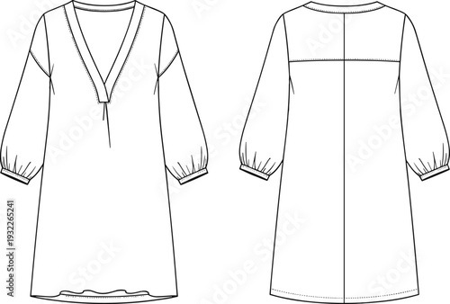 V-neck dress fashion sketch, technical garment flat drawing, clothing design illustration, apparel vector template, seam detail, CAD fashion design