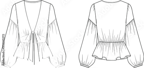 Women’s blouse fashion sketch, deep V-neck garment drawing, technical clothing illustration, apparel vector template, seam detail, CAD fashion design