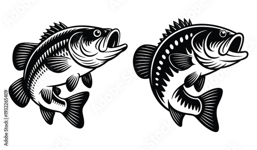 Largemouth bass jumping, Monochrome Largemouth Bass Fish, Open Mouths Bass Fish, Black and White Bass Fish Silhouette, Largemouth bass fish in dynamic jumping pose