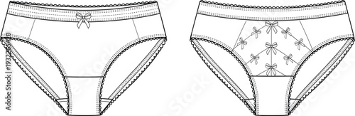   Fashion flat sketch, women’s underwear design, briefs illustration, scalloped trim detail, decorative bows, garment construction drawing, lingerie CAD vector illustration