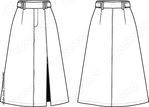 High waist skirt fashion CAD drawing, technical flat vector illustration, front slit pocket detail, back seam design, A-line silhouette