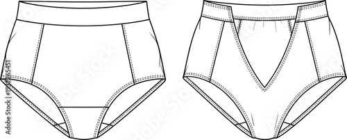 High-waisted underwear fashion sketch, technical garment design illustration, lingerie flat vector drawing, seam detail, waistband structure, CAD fashion template