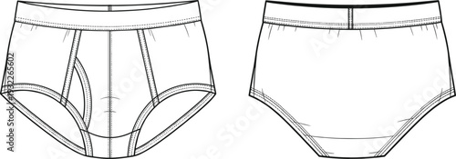 Men’s briefs fashion sketch, underwear technical drawing, garment flat illustration, clothing design vector, apparel template, seam detail, CAD fashion design