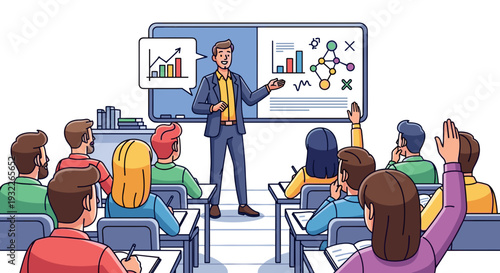 Businessman presenting data to audience in classroom.