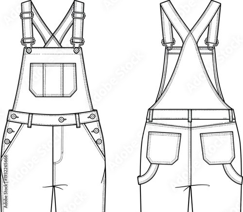 Overalls fashion sketch, technical garment flat drawing, clothing design illustration, apparel vector template, seam detail, CAD fashion design