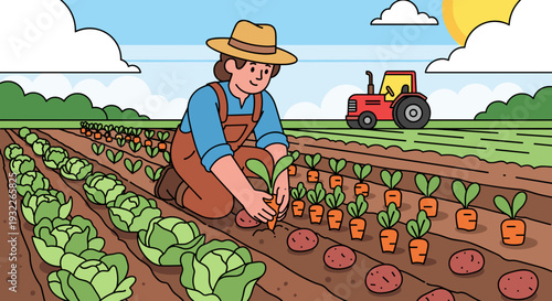 Farmer Planting Vegetable Seedlings in Field.