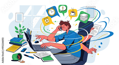 Man Overwhelmed with Work and Stress.