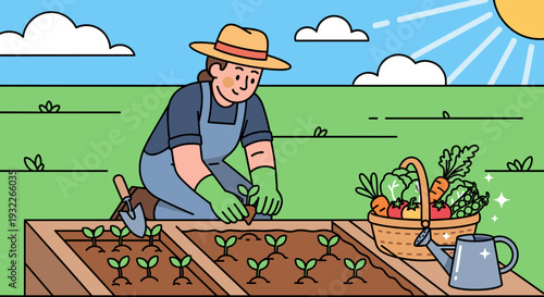 Man Planting Seedlings in Raised Garden Bed.