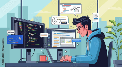 Man Working on Computer with Multiple Screens.