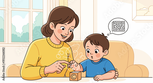 Mother and Son Using Piggy Bank Together.