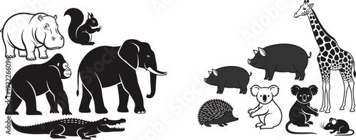 Set of zoo and wildlife animal silhouettes including elephant, giraffe, gorilla, crocodile, hippo, and koala, nature fauna vector isolated on white.