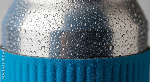 Water droplets condense on a cold metal bottle with blue sleeve. 2026 soccer world championship.
