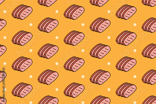 Sliced pork ham with light colorful illustration seamless pattern on yellow background set for food merchandise. Deli luncheon meat and ham cold cuts cartoon pattern background for restaurant