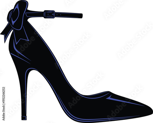 Black high heel shoe silhouette with elegant blue outline and ankle strap bow, stylish fashion footwear icon isolated on white background.