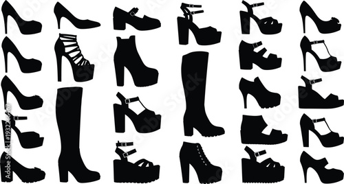 Collection of black women's shoe silhouettes including high heels, boots, sandals, and wedges, fashion footwear vector icons isolated on white background.