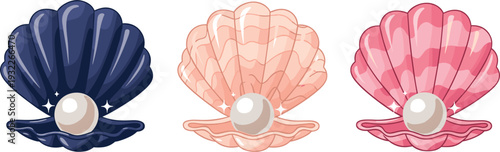 Colorful seashell with pearl illustrations set featuring open scallop shells in elegant ocean themed design
