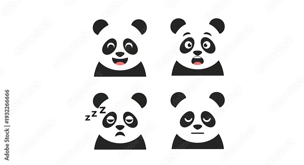Obraz premium Set of Four Cute Panda Bear Emoticons Expressing Different Emotions. Vector Illustrations. EPS Editable