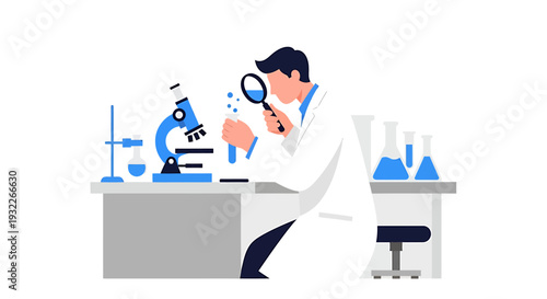 Scientist Examining Sample in Laboratory Setting. Vector Illustrations. EPS Editable