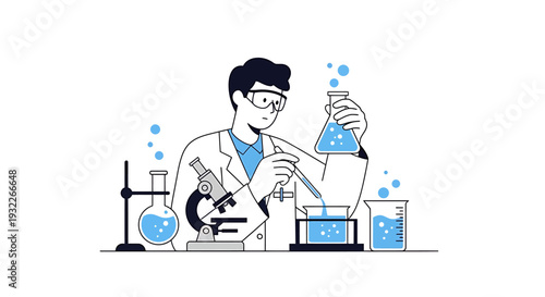 Scientist Conducting Laboratory Experiment with Chemicals. Vector Illustrations. EPS Editable