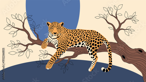 Powerful leopard resting on a tree branch against a background of a large moon and minimalist trees in the wild.