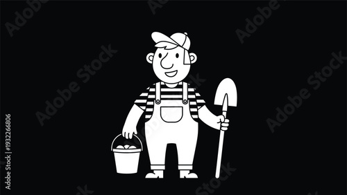 Cheerful cartoon farmer holding a shovel and a bucket full of produce stands alone against a solid black background.