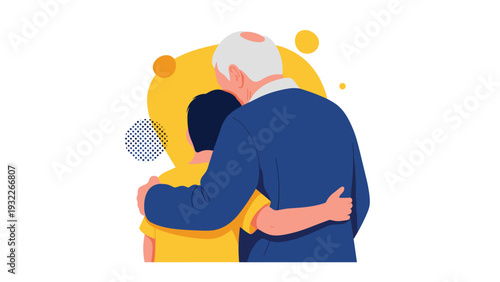 Touching scene of an elderly grandfather embracing his young grandson against a vibrant yellow and blue abstract background.