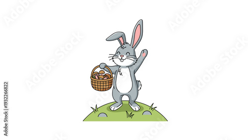 Happy gray rabbit standing on a small grassy hill and holding a wicker basket full of freshly picked forest mushrooms.