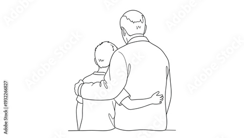 Simple black and white line drawing showing the back view of a father and son sitting closely with their arms around each other.
