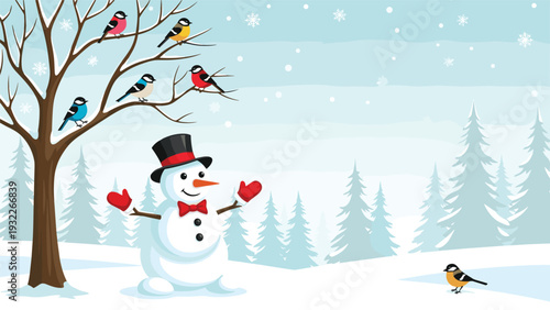 Friendly snowman wearing a top hat and a red bow tie stands in a snowy forest while colorful birds perch on a nearby tree.