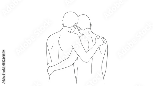 Minimalist line drawing depicting two men from behind standing close together with an arm around each other's shoulders.