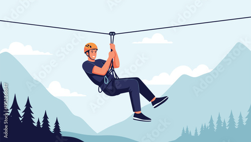 Thrilled man ziplining through a mountain forest while wearing a safety helmet and harness during an outdoor adventure.