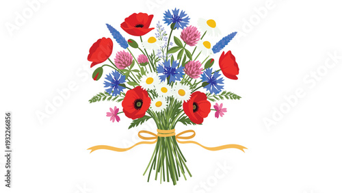 Beautiful bouquet of various colorful wildflowers like poppies, daisies, and blue cornflowers tied with a yellow ribbon.