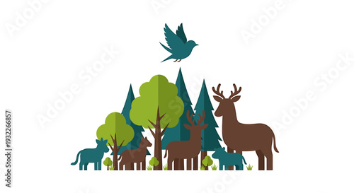 Stylized Forest Ecosystem with Diverse Wildlife and Avian Life. Vector Illustrations. EPS Editable
