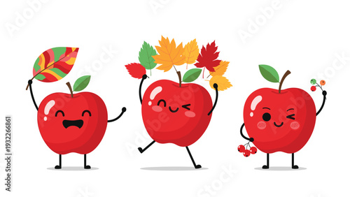 Three cheerful red apple characters celebrating the autumn season with colorful fallen leaves and playful expressions on their faces.