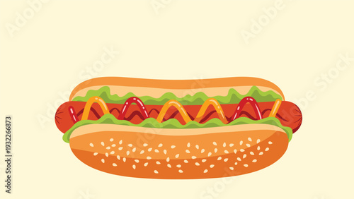 Delicious hot dog served in a sesame seed bun topped with fresh green lettuce and squiggles of yellow mustard and red ketchup.