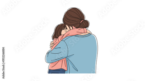 Heartwarming illustration of a mother and daughter sharing a warm embrace showing love and affection in a soft pastel color palette.