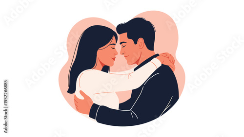 Romantic illustration of a young couple embracing each other within a soft pink circular frame expressing deep love and intimacy.