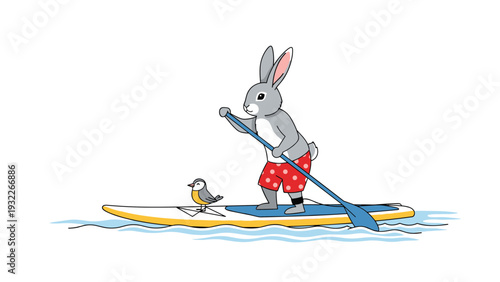 Playful gray rabbit wearing red polka dot swim shorts stands on a paddleboard with a small bird friend while floating on calm water.
