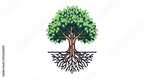 Stylized Illustration of a Lush Green Tree with Visible Roots. Vector Illustrations. EPS Editable